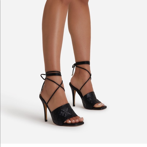 Lace up printed detail strap square toe 4.5” heels - Picture 12 of 13